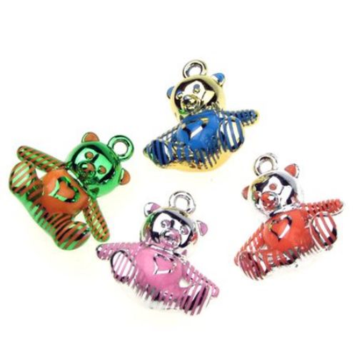 CCB Teddy-bear Pendant,  27x25x12 mm, Hole: 3 mm, ASSORTED Colors with Metallic Stripes 