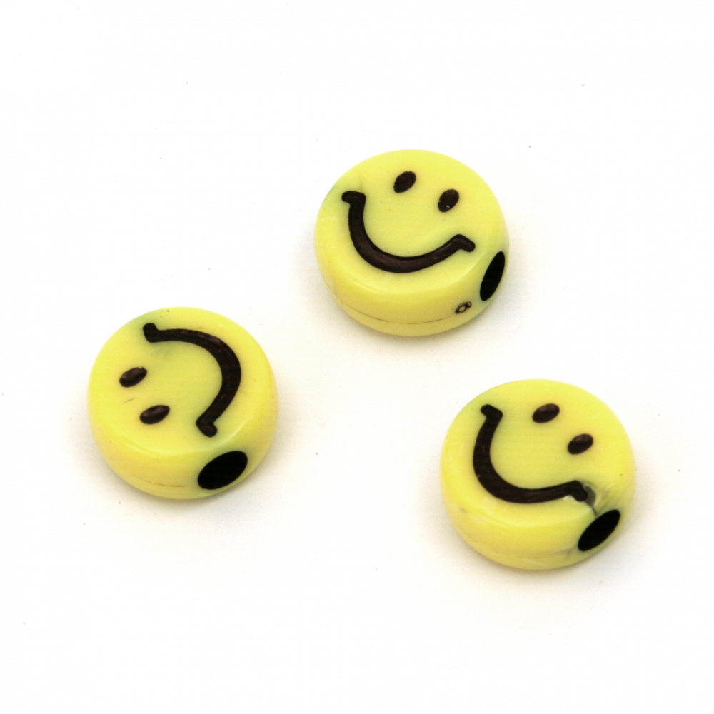 Happy Face Coin Bead, 11.5x5.5 mm, Hole: 3 mm, Yellow -20 grams ~ 36 pieces