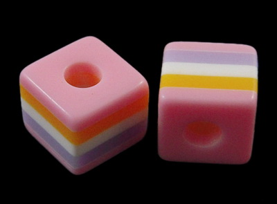 RESIN Cube Bead, 10x10x9.5 mm, Hole: 4 mm, Pink with colored Stripes -50 pieces