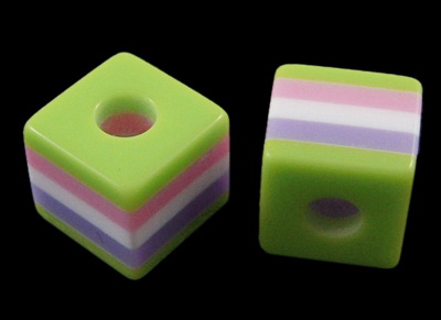 RESIN Cube Bead for DIY Decoration and Jewelry, 10x10x9.5 mm hole 4 mm, Green with colored Stripes 2 -50 pieces
