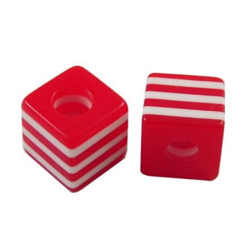 Куб 10x10x9.5 мм дупка 4 мм червено с бели линии -50 броя