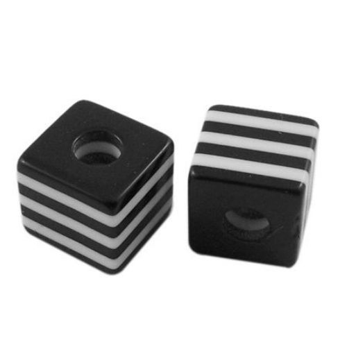 RESIN Striped Cube Bead 10x10x9.5 mm, Hole: 4 mm, Black and White -50 pieces
