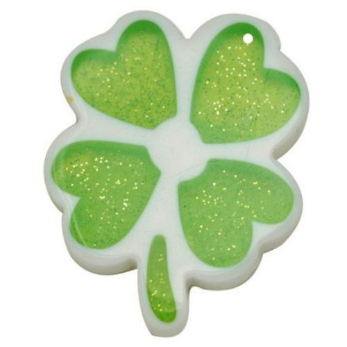Resin clover pendant 47x30x4 mm white and green - 4 pieces