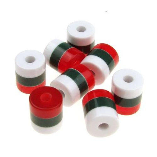 Мънисто резин цилиндър 9x8 мм дупка 2 мм бяло зелено червено райе -20 броя