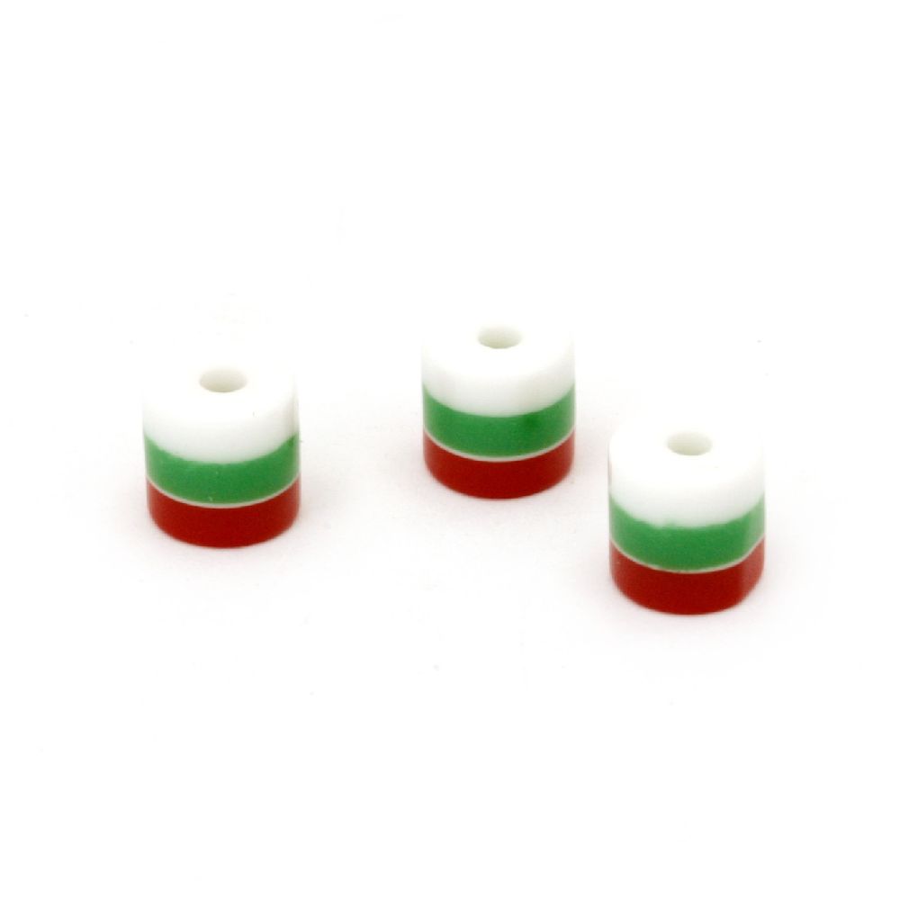 Resin acrylic beads, striped cylinder 6x6 mm strips white green red - 20 pieces