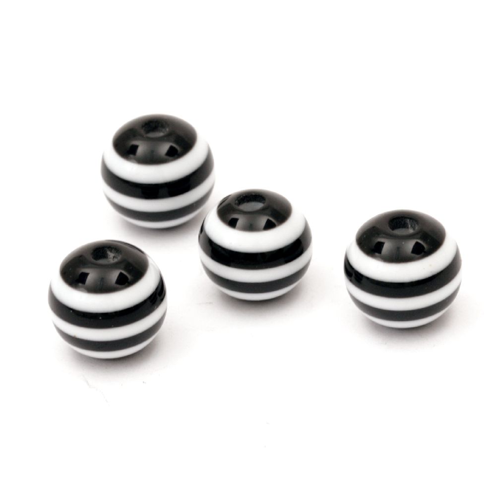 Resin acrylic round  beads 10x9 mm hole 2 mm black with white stripes - 50 pieces