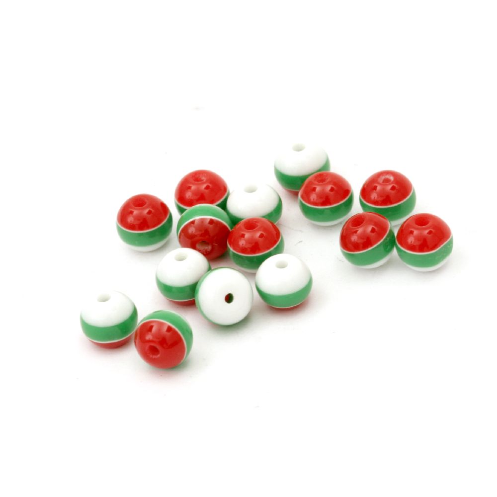 Resin acrylic beads, striped ball 6 mm hole 1 mm white green red - 50 pieces
