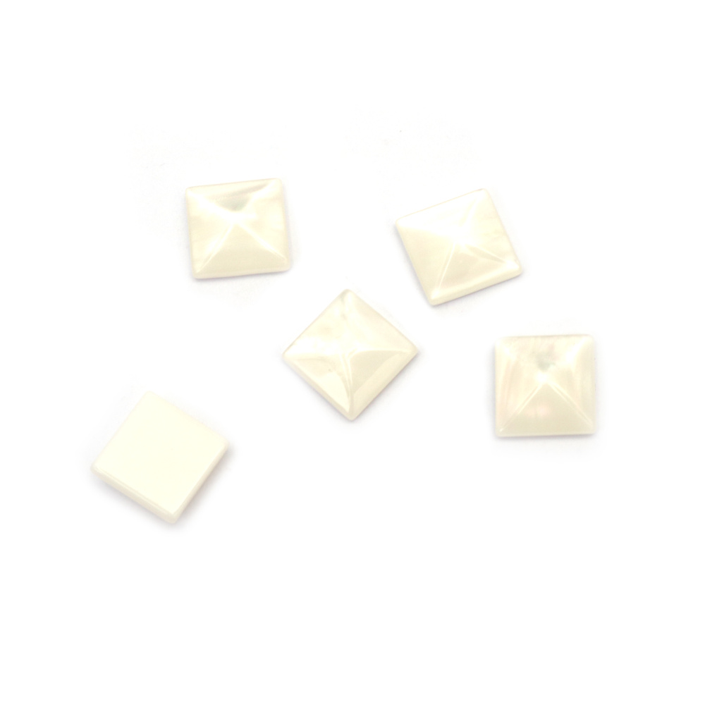 Bead Resin Type Cabochon, Mother-Of-Pearl Imitation, Square, 12x12x4 mm, Color White - 10 Pieces