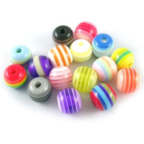 Resin plastic beads, striped ball 8 mm hole 2 mm color - 50 pieces
