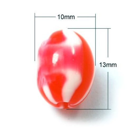 Resin acrylic oval beads 13x10x10 mm hole 2 mm melange red white - 20 pieces