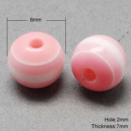 Two-colored Striped Resin Ball, 10x9 mm, Hole: 2 mm, Pink with White Stripes -50 pieces