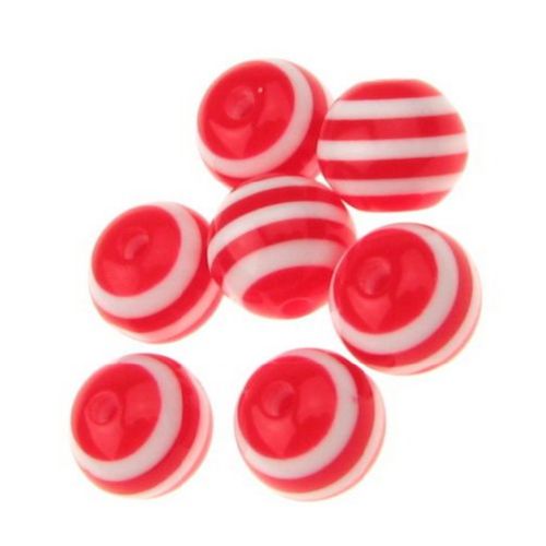 Resin acrylic round  beads 10x9 mm hole 2 mm red with white stripes - 50 pieces