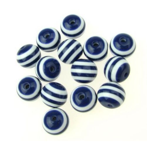 Resin acrylic round  beads 10x9 mm hole 2 mm blue with white stripes - 50 pieces