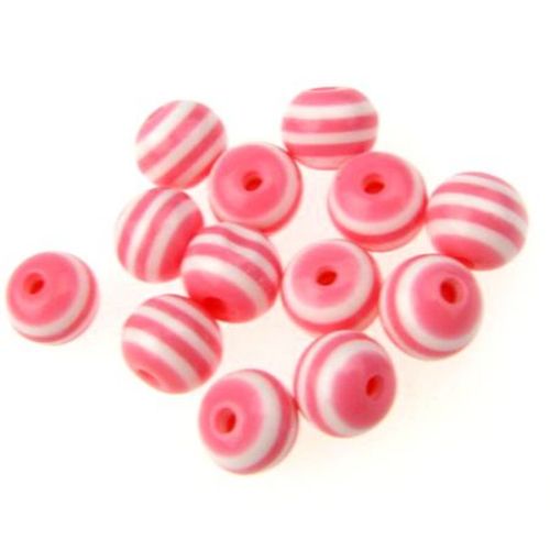 Resin acrylic round  beads 8x7 mm hole 2 mm pink with white stripes - 50 pieces