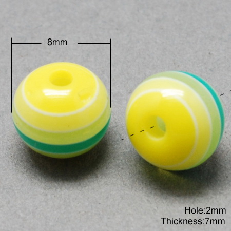 Χάντρα ρητίνης στρογγυλή 8x7 mm τρύπα 2 mm  κίτρινη πράσινη ριγέ   -50 τεμάχια