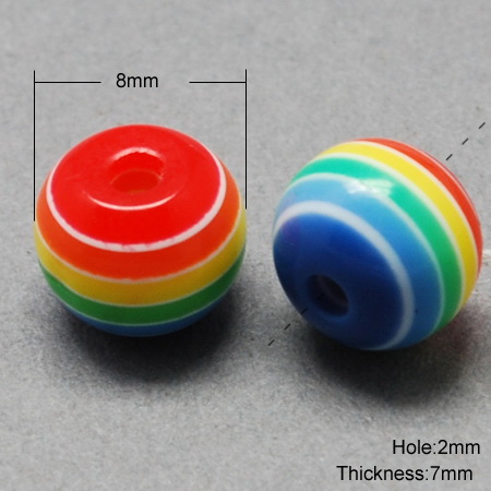 Resin Plastic Beads, Round Ball 8x7 mm hole 2 mm Striped Mixed color -50 pieces