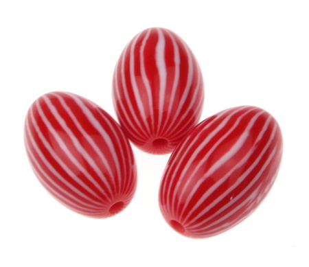 Resin acrylic oval   beads 27x18 mm hole 3 mm red and white stripes - 5 pieces
