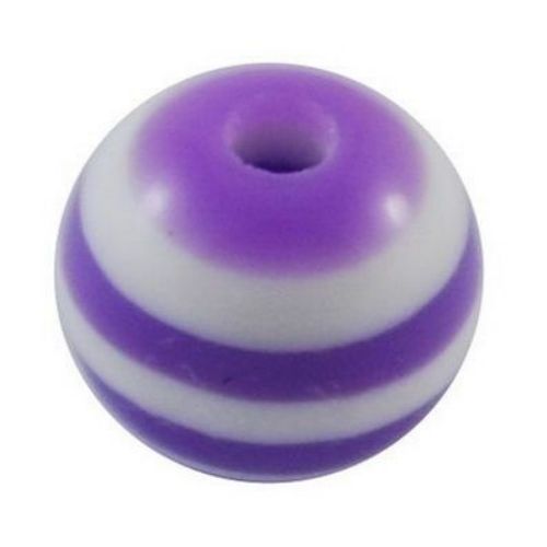 Мънисто резин топче 8x7 мм дупка 2 мм лилаво с бяло райе -50 броя