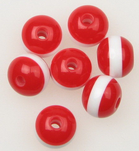 Resin Acrylic Beads, Striped Ball 10x9 mm hole 3 mm red and white -50 pieces