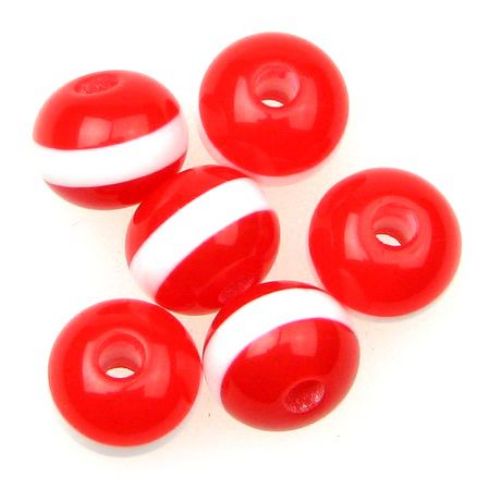 Resin Acrylic Beads, Striped Round Ball 8x7 mm red and white 50 pieces