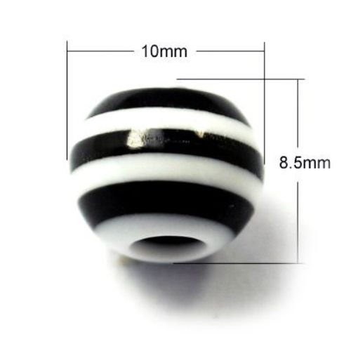 Resin acrylic beads, striped ball 10x8.5 mm hole 4 mm white and black - 20 pieces