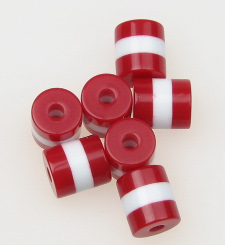 Мънисто резин цилиндър 9x8 мм дупка 2 мм червено и бяло райе -50 броя