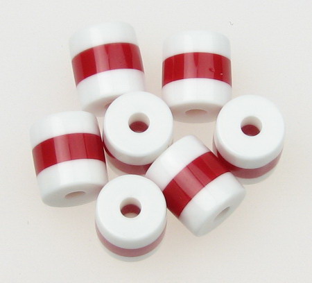 Мънисто резин цилиндър 9x8 мм дупка 2 мм бяло и червено райе -50 броя