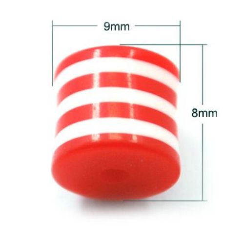 Мънисто резин цилиндър 9x8 мм дупка 2 мм червено с бяло райе -50 броя