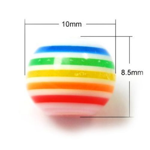 Мънисто резин топче 10x8.5 мм дупка 2 мм бяло с цветно райе -20 броя