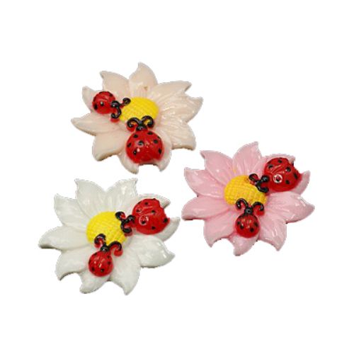 Resin flower with ladybugs bead type cabochon 27x6.5 mm assorted - 1 piece