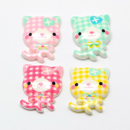 Resin cat bead type cabochon 26x19x5 mm assorted colors - 5 pieces