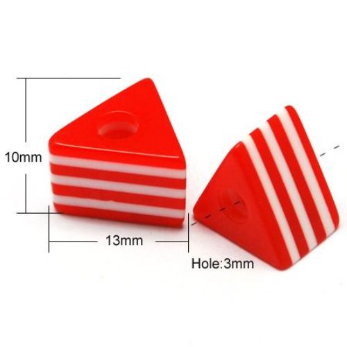 Resin Acrylic Beads, Striped Triangle 10x13x9 mm hole 3 mm red white -50 pieces