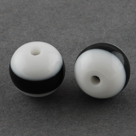 Resin acrylic round  beads 10x9 mm hole 2 mm white with black stripes - 50 pieces