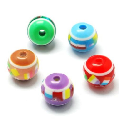 Colorful Patterned Resin Ball, 10x9 mm, Hole: 2 mm, MIX -20 pieces