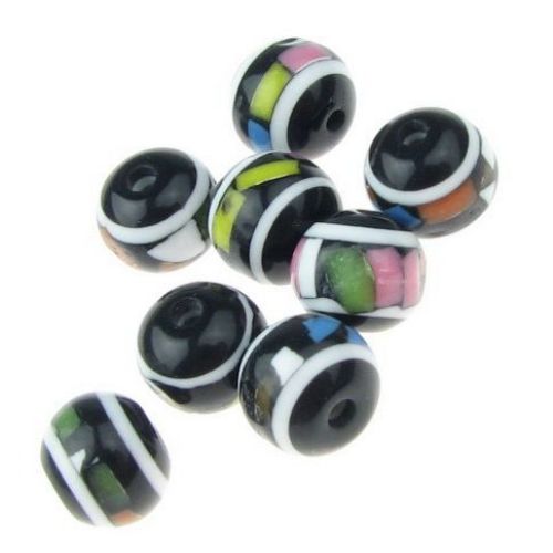 Resin Plastic Beads, Round Ball 8x7 mm hole 2 mm black patterned -50 pieces