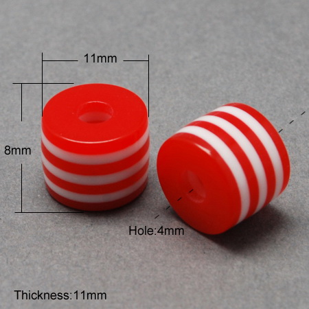 Resin acrylic beads, striped cylinder 9x10 mm hole 4 mm red white - 50 pieces
