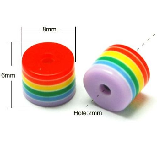 Multicolored Striped Resin Cylinder Bead, 8x6 mm, Hole: 2 mm -50 pieces