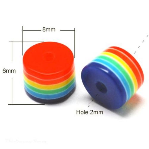 Χάντρα ρητίνης κύλινδρος  8x6 mm τρύπα 2 mm χρωματιστές ρίγες -50 τεμάχια