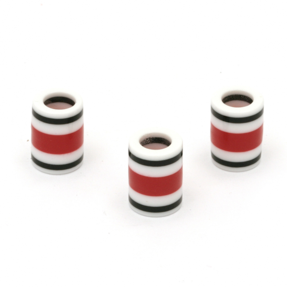 Resin acrylic beads, striped cylinder 14x10 mm hole 6 mm white red black - 10 pieces