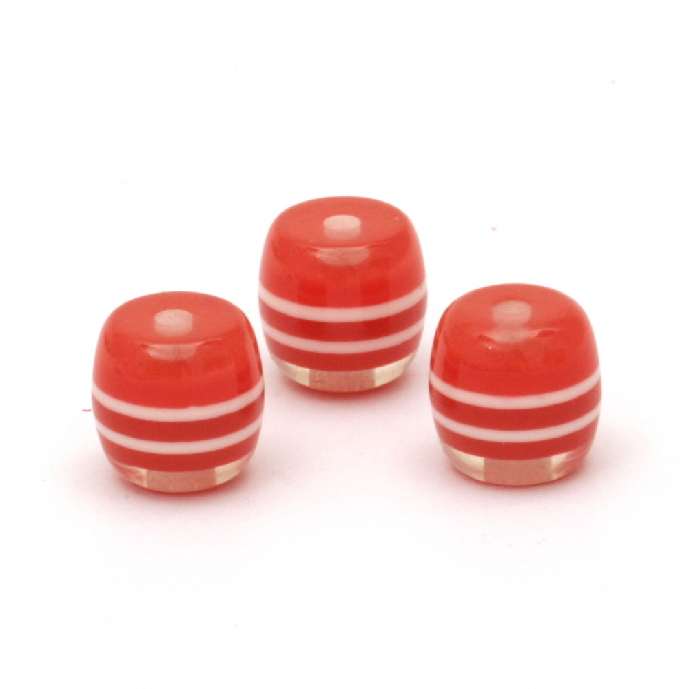Resin acrylic beads, striped cylinder 10x10 mm hole 2 mm white red - 50 pieces