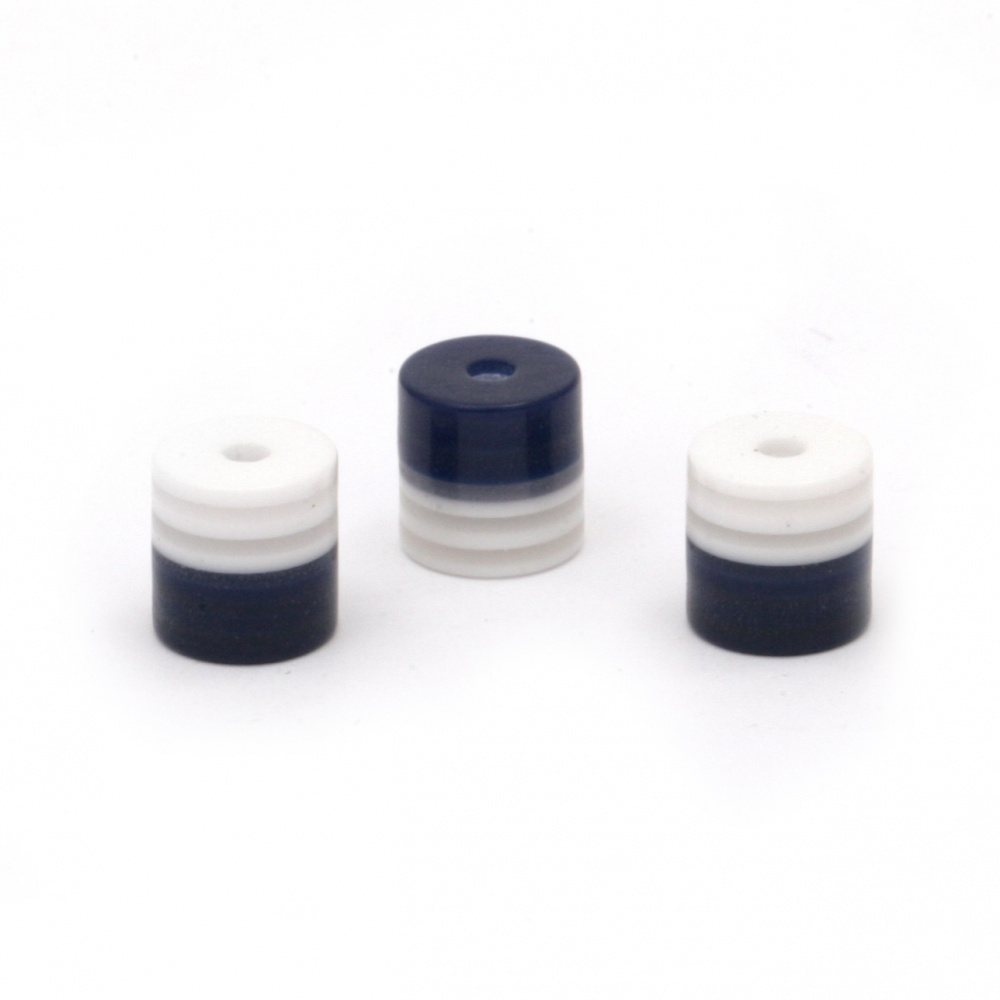 Resin acrylic beads, striped cylinder 8x8 mm hole 1 mm striped white blue - 50 pieces
