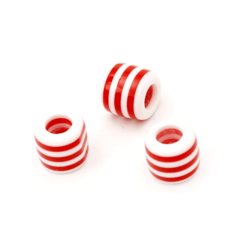 Resin acrylic beads, striped cylinder 11x12 mm hole 6 mm white and red - 20 pieces
