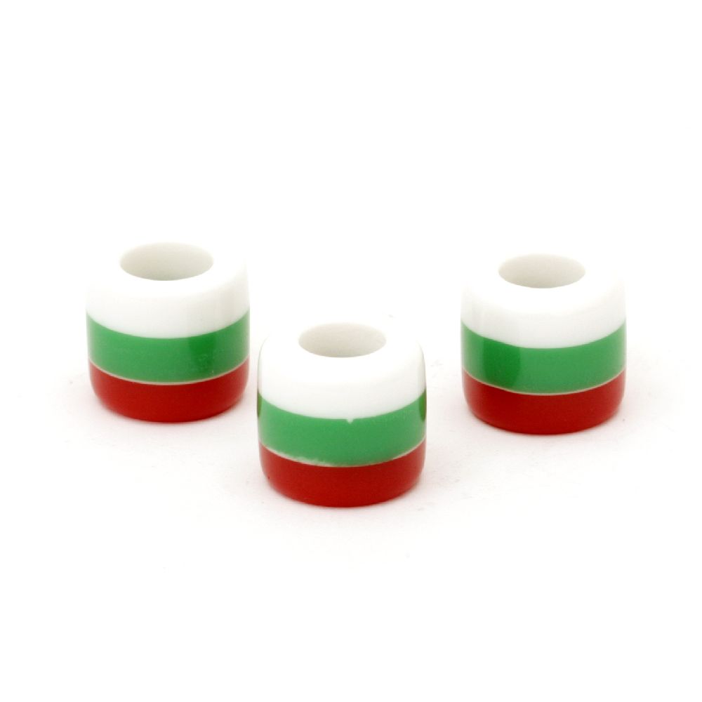 Resin acrylic beads, striped cylinder 10x12 mm hole 6 mm white green red - 20 pieces