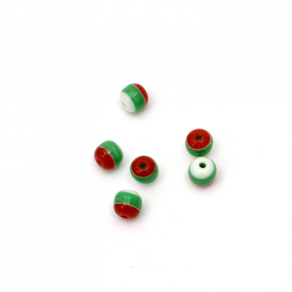 Resin acrylic beads, striped ball 4.5 mm hole 0.5 mm white green red - 50 pieces