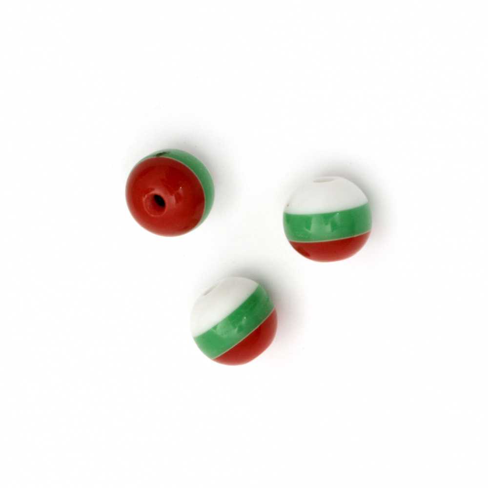 Resin acrylic beads, striped ball 10 mm hole 2 mm white green red - 50 pieces