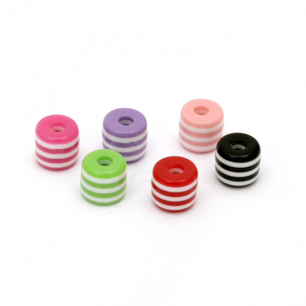 Resin acrylic beads, striped cylinder 11x12 mm hole 4 mm strips mix - 20 pieces