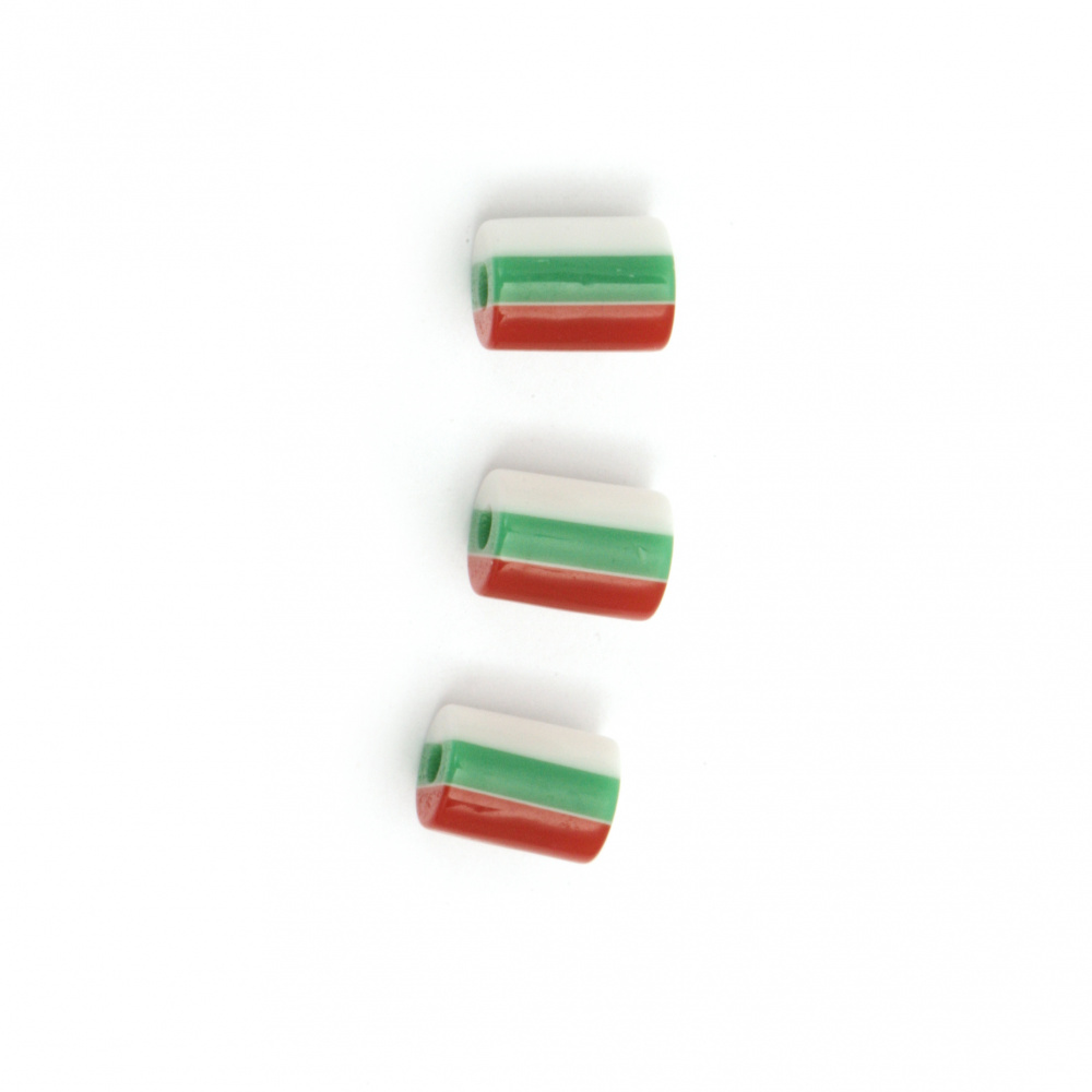 Resin acrylic beads, striped cylinder 8x6 mm hole 1 mm strips white green red - 50 pieces