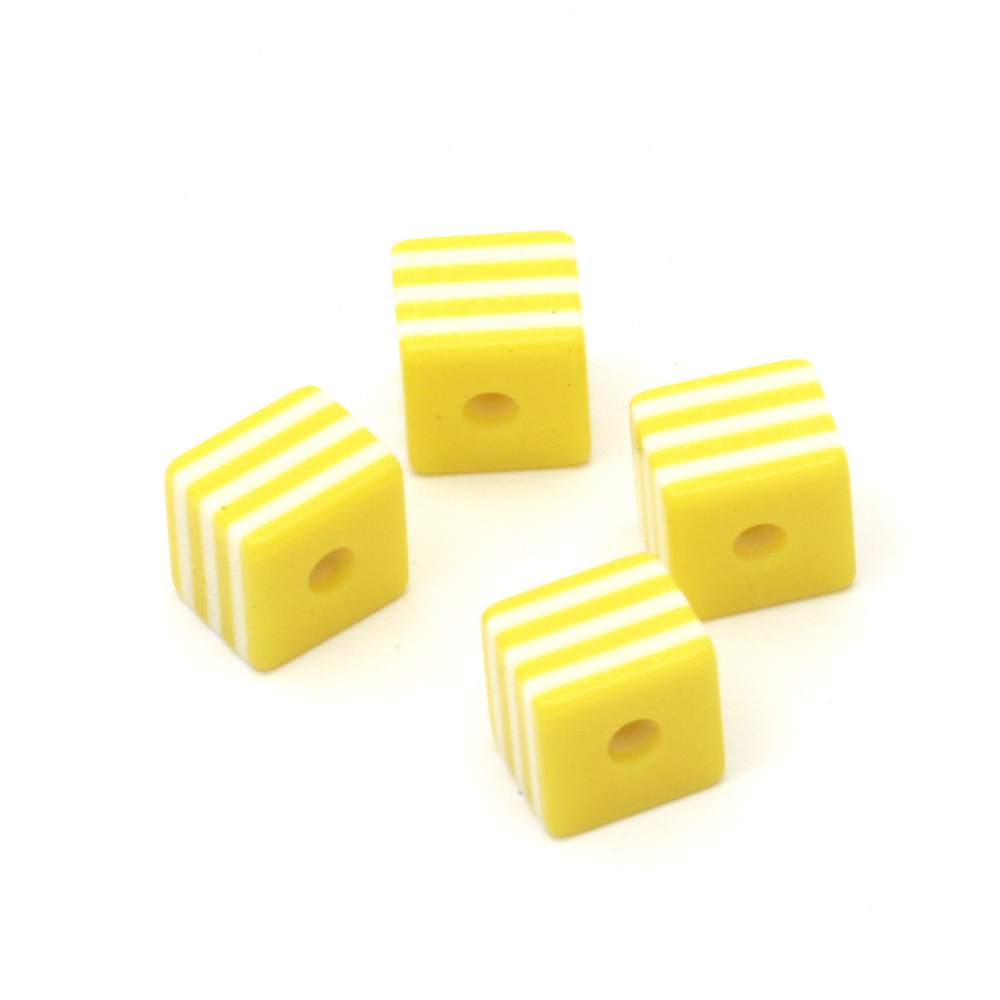 Resin acrylic cube 8x8x7 mm hole 2 mm yellow with white stripes - 50 pieces