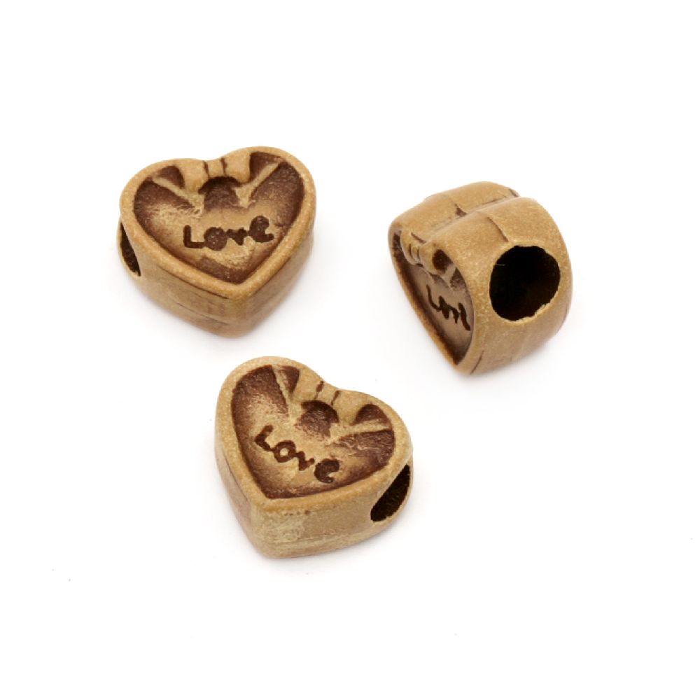 Plastic Antique Heart Bead, 12x11x7 mm, Hole: 4 mm, Brown -50 grams ~ 80 pieces