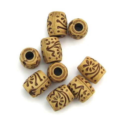 Antique acrylic cylinder  beads 12x10 mm hole 4 mm brown - 50 grams ~ 68 pieces